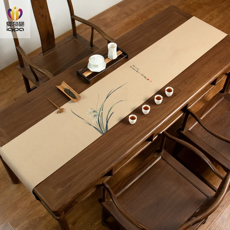 张大千兰花图茶席中式禅意棉麻布艺新中式茶几垫布茶桌布桌旗茶旗