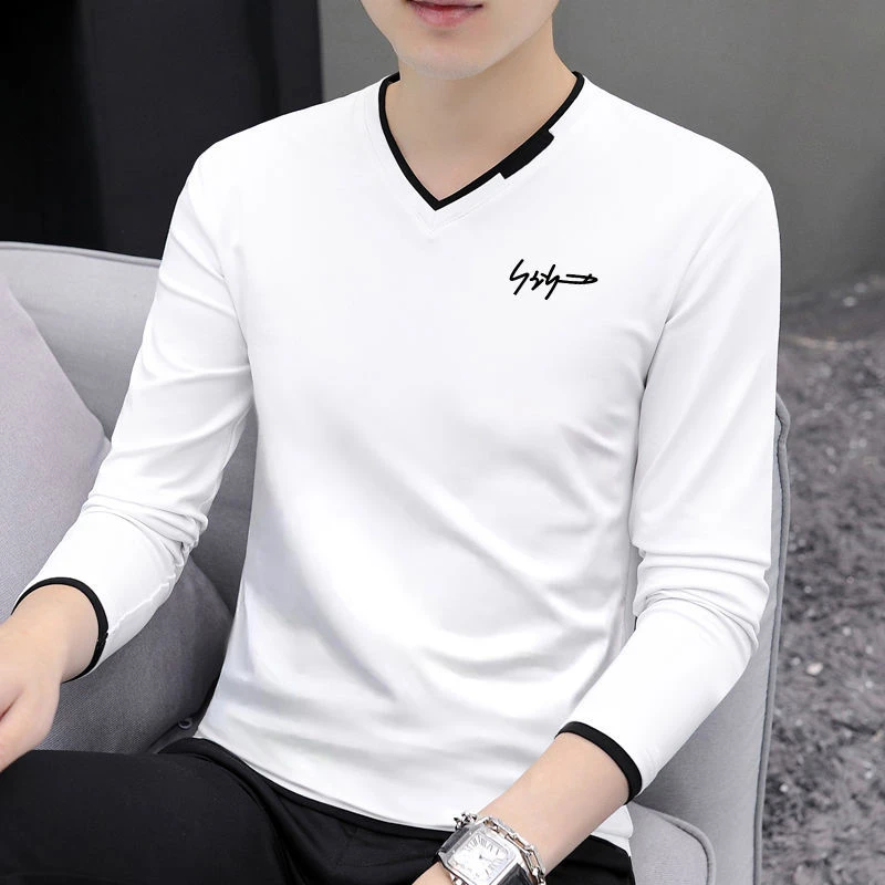 男士t恤长袖V领上衣2025春秋季新款简约内搭鸡心领打底衫体恤秋衣