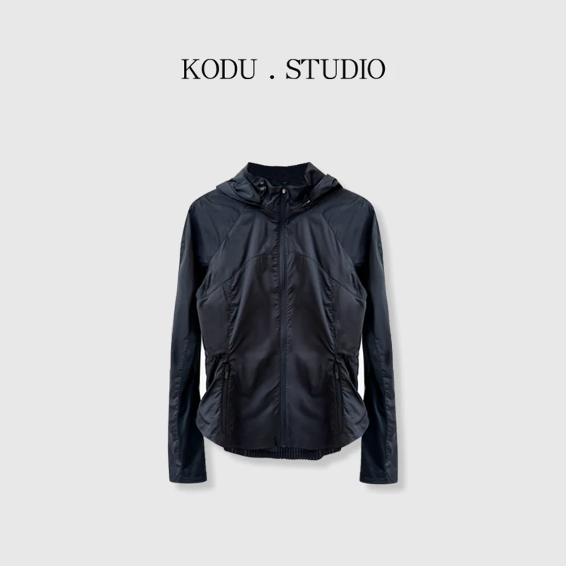 LI【刻度KODU】CM-4358夏季连帽百搭收腰百褶拼接短款皮肤衣外套