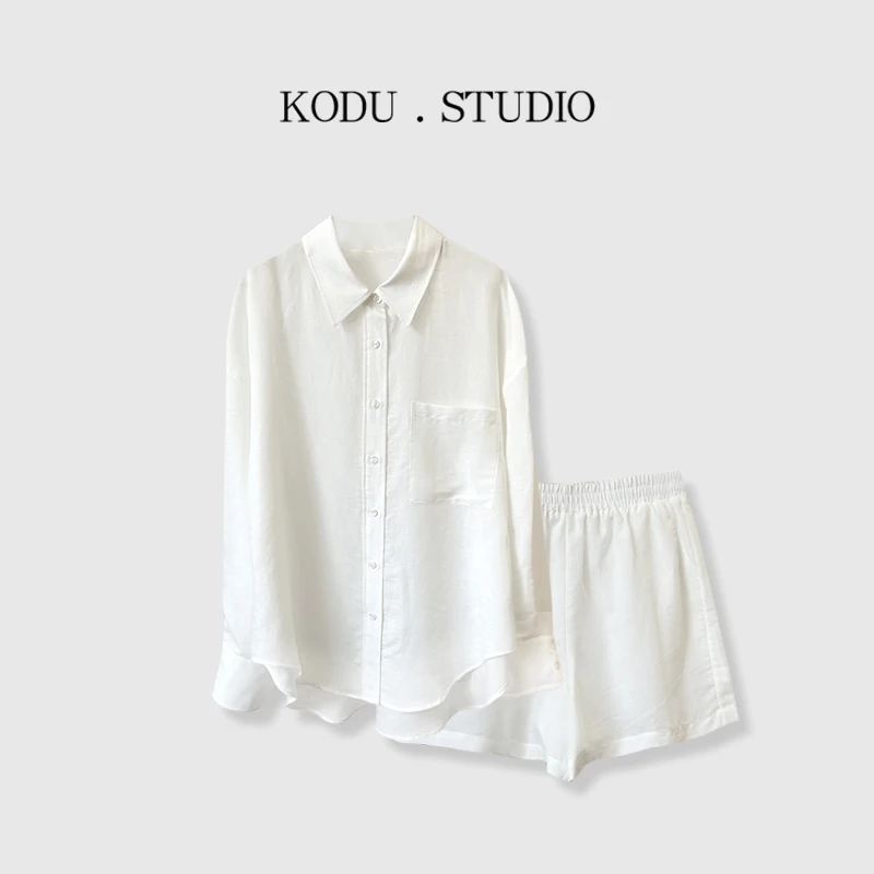 【刻度KODU】 02-4355夏季高腰净版纯色宽松慵懒风百搭短裤衬衫套装