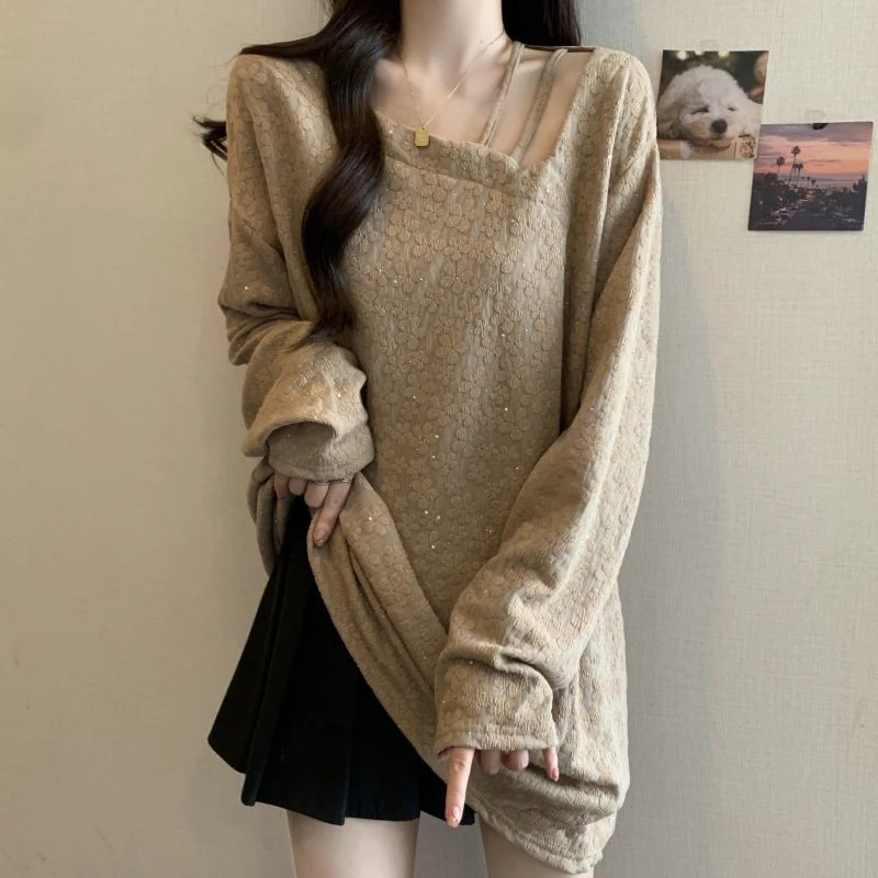 斜领露肩长袖t恤女秋装大码胖mm遮肚子显瘦宽松中长款遮屁股上衣