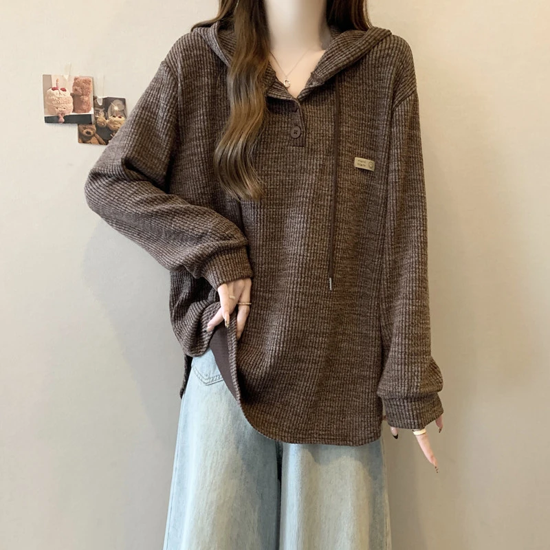 中长款慵懒风连帽卫衣针织衫秋冬大码女装胖mm遮肚子显瘦宽松上衣