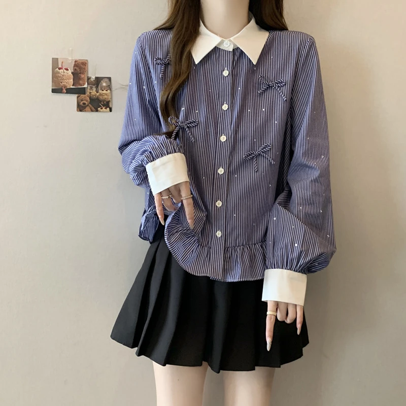 设计感蝴蝶结polo领长袖条纹衬衫女秋装大码胖妹妹遮肚子显瘦上衣