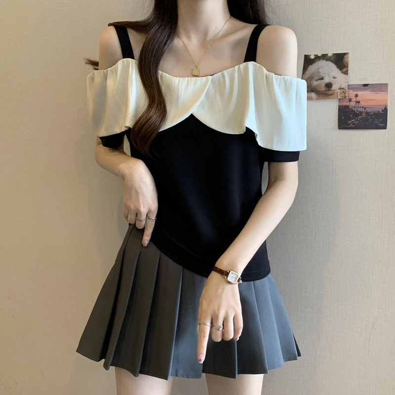 撞色荷叶边一字肩吊带短袖t恤小衫女夏装大码胖mm遮肚子显瘦上衣