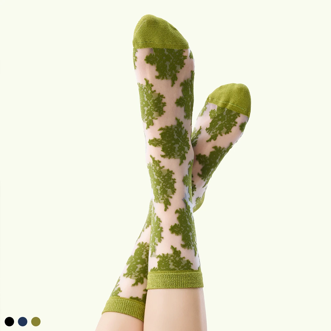 袜say 森系剪影印花立体浮雕透肤女中筒袜玻璃水晶亮光丝袜堆堆袜