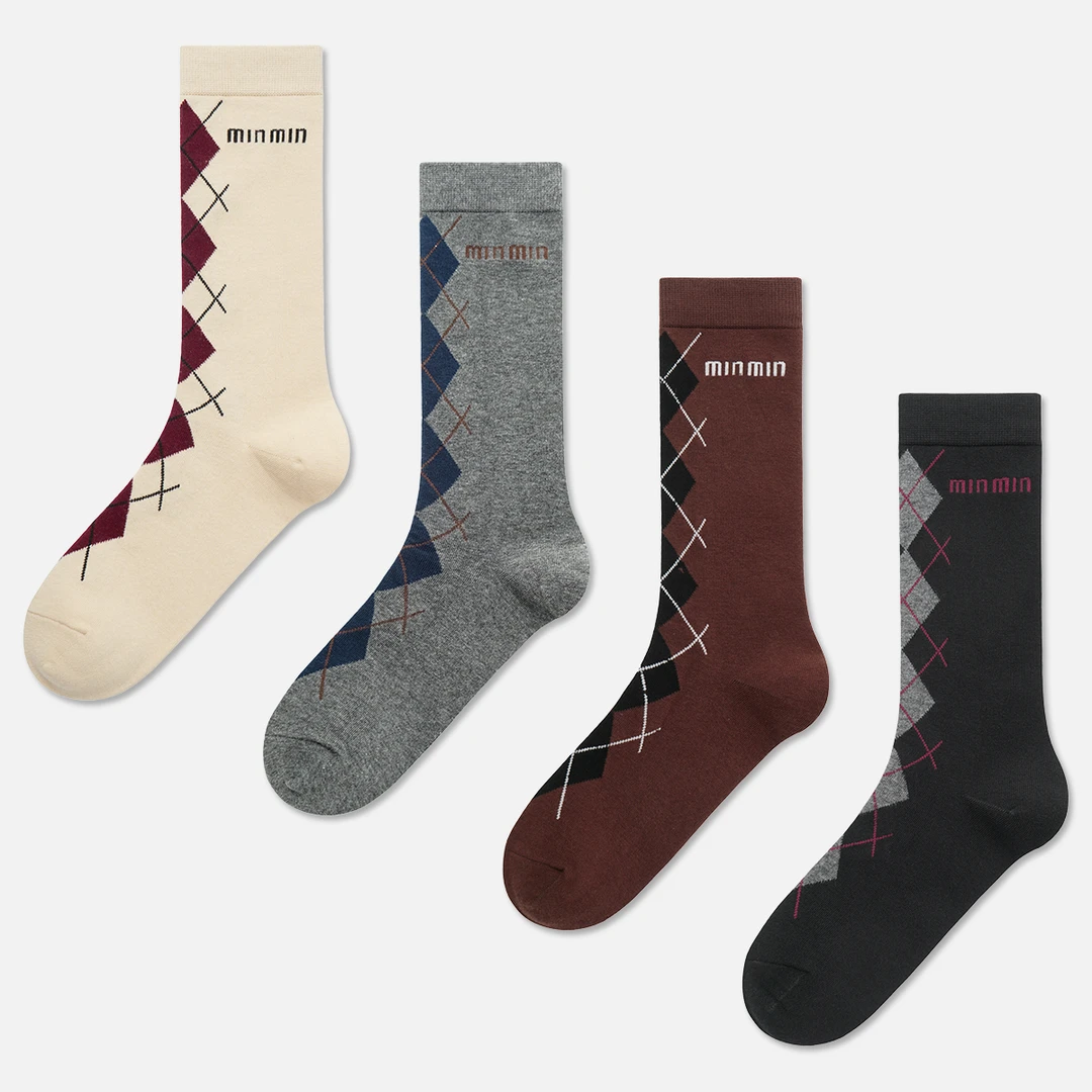 袜say新款潮女袜中筒袜秋冬菱格图案小腿袜时尚百搭洋气袜子欧货