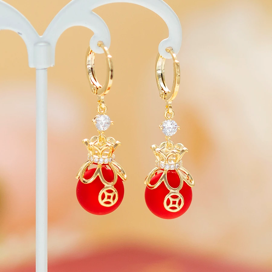铜合金合成锆石耳饰 新年红色珠珠福袋耳环小众精致时尚耳环1662