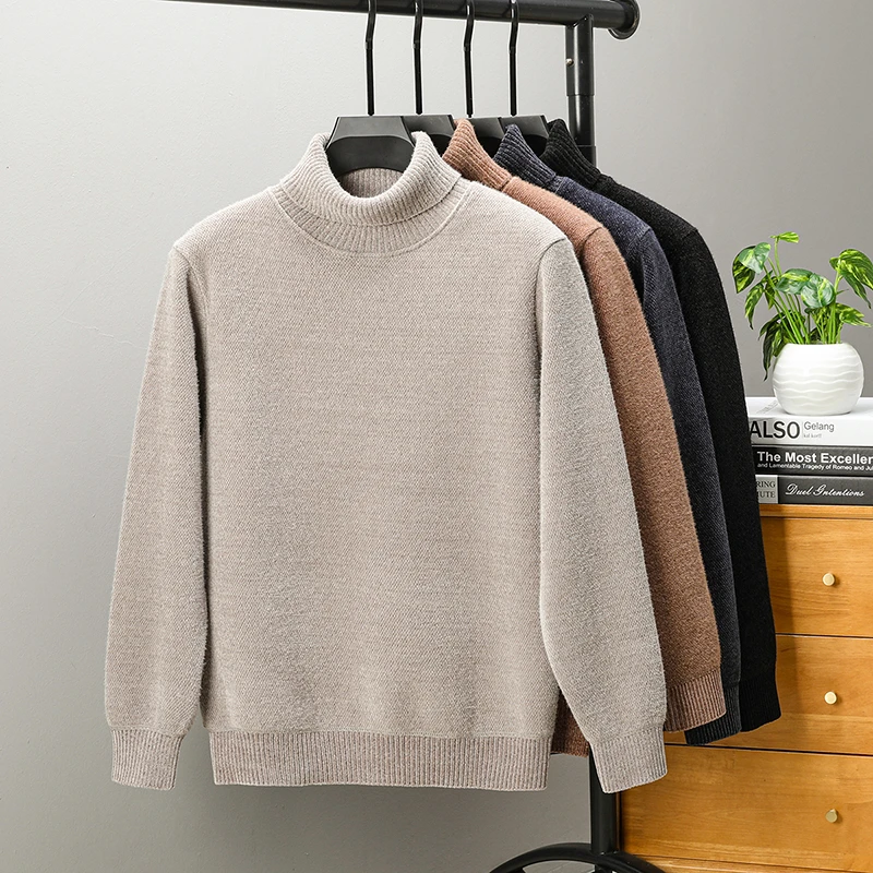 一体绒高翻领毛衣男士加绒加厚保暖上衣冬季纯色柔软针织打底衫