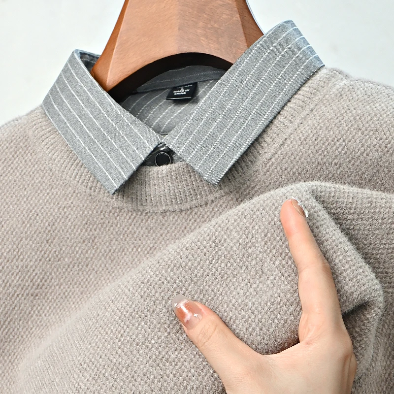 一体绒加绒加厚男士毛衣新款男装衬衫领假两件冬季保暖针织打底衫