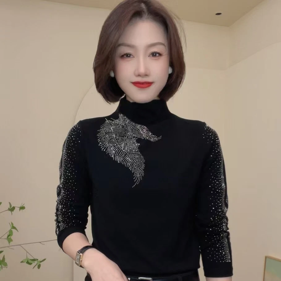 2024新款半高领洋气烫钻T恤时尚百搭设计感长袖气质简约女士小衫