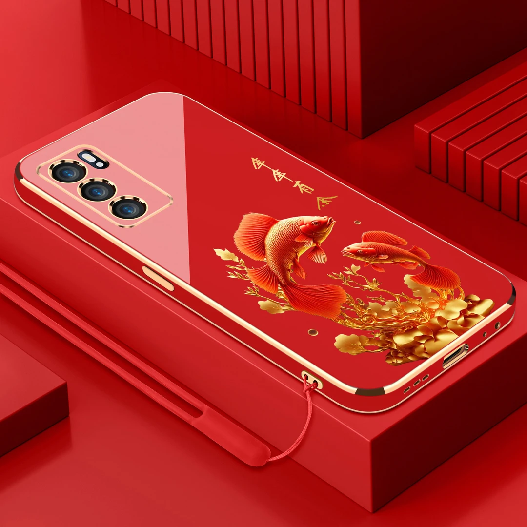 电镀年年有余适用opporeno6手机壳防摔硅胶保护壳直边软壳手机套