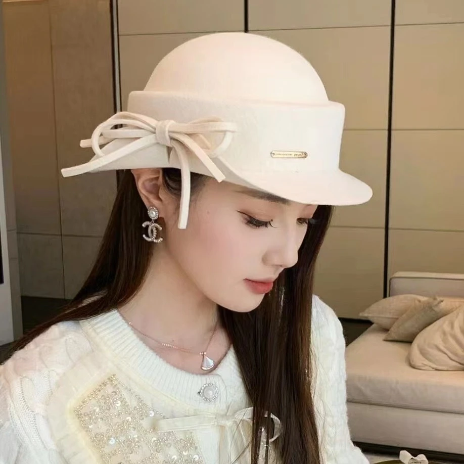 法式新款秋冬季羊毛盆帽英伦风蝴蝶结装饰优雅女士百搭洋气小礼帽