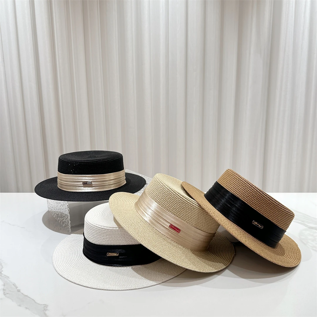 韩版夏季草帽女优雅平顶帽度假遮阳帽法式简约百搭休闲礼帽太阳帽