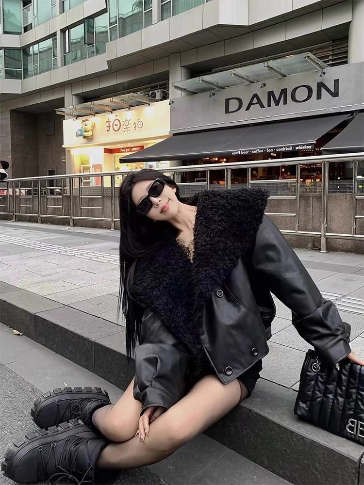 【沿海公路】韩版时尚高级保暖大翻领炸街皮衣外套