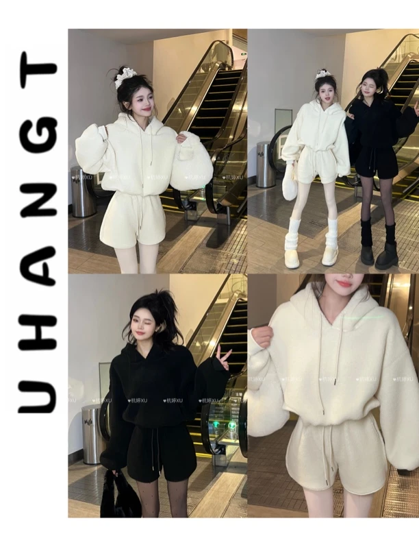 【小欢喜】韩版新款时尚休闲简约连帽卫衣+高腰短裤