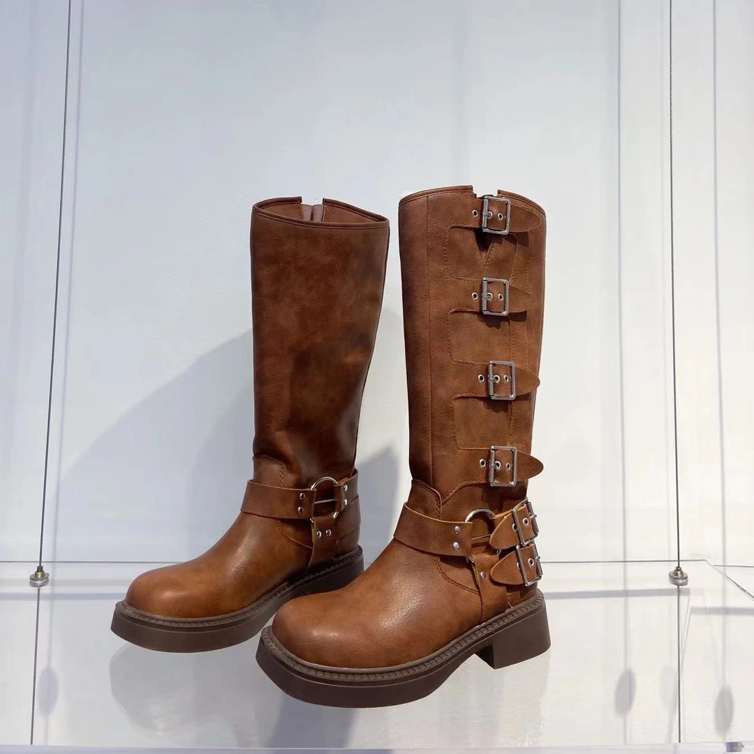 【HT战靴】韩版新款复古时尚带扣粗跟高筒靴