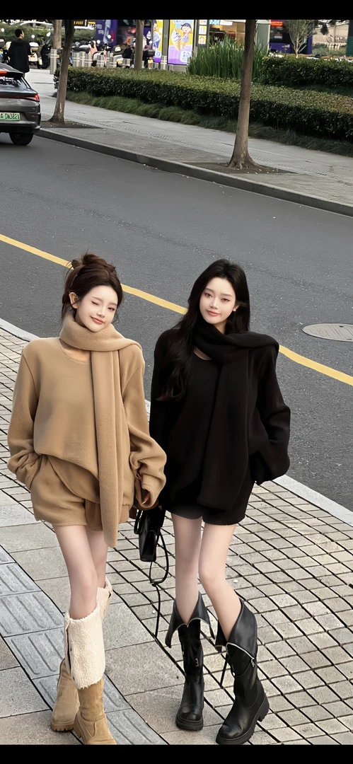 【氧气套装】韩版时尚洋气宽松慵懒套装上衣+高腰短裤配围巾套装