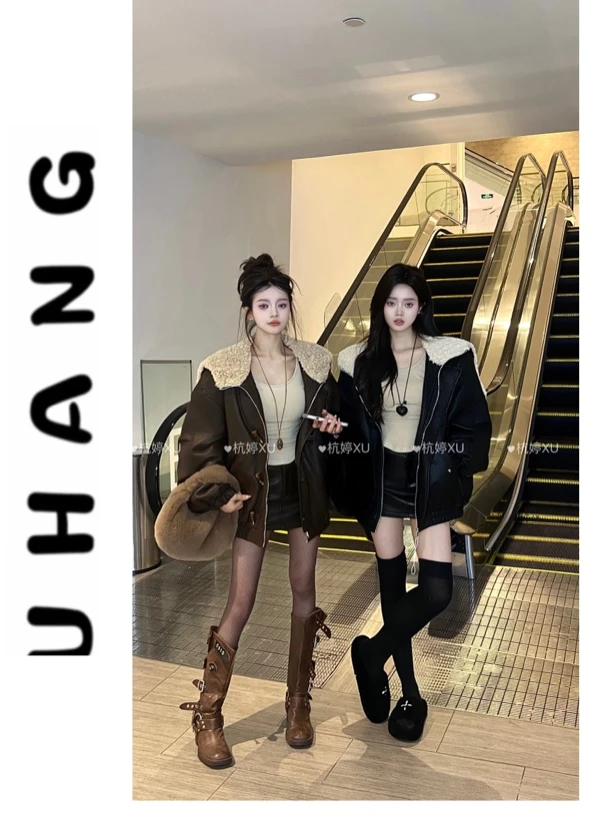 【极简调性】韩版新款宽松极简翻领牛角扣皮衣外套