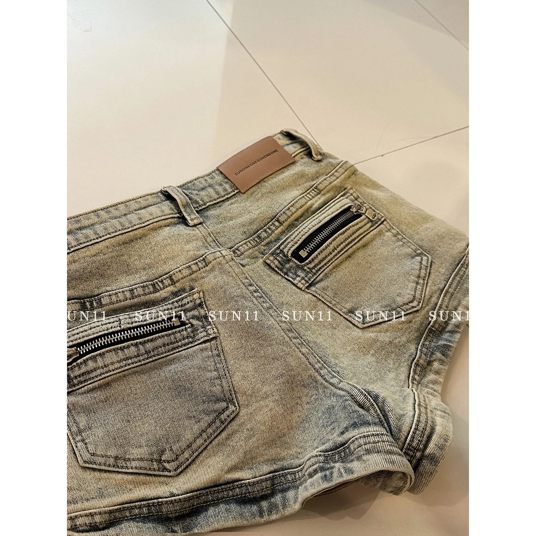 【青春怪兽】韩范美式复古做旧高腰牛仔短裤