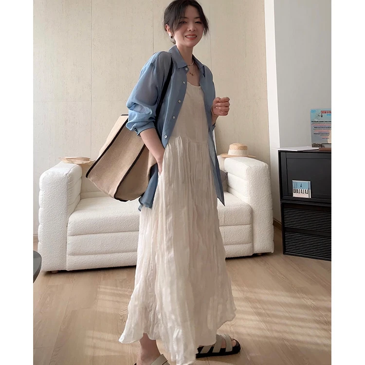 半岛情书 蝉翼纱 立体提花工艺工艺显瘦吊带连衣裙韩版中长款