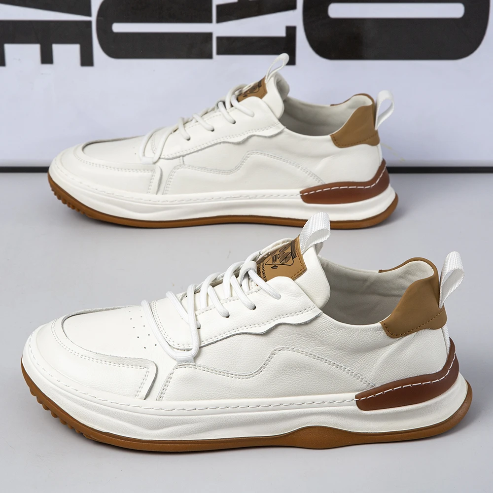 秋季新款牛皮小白鞋男士休闲板鞋透气时尚百搭鞋软底软面潮鞋