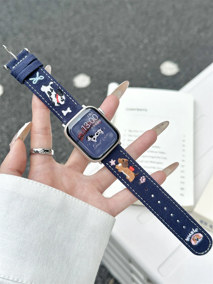 时瑞 小狗刺绣牛仔表带 适用iwatchS10苹果手表AppleWatchSE98765