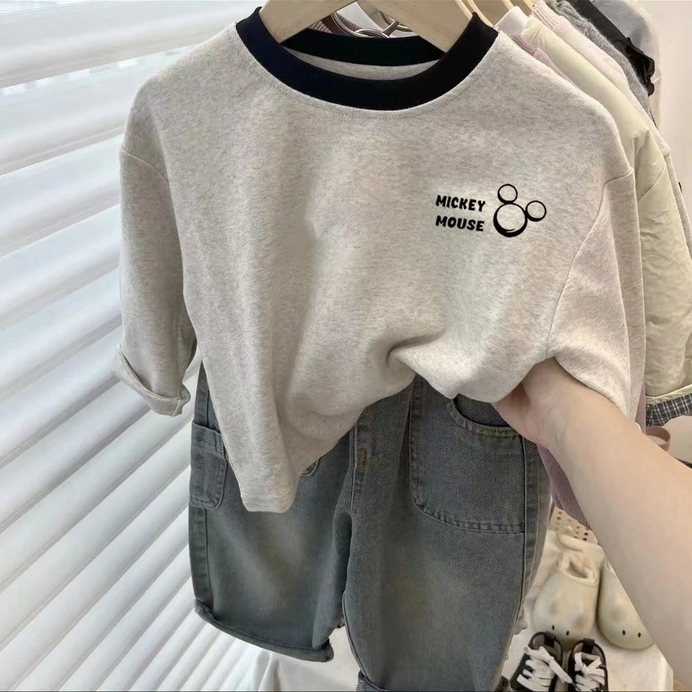 童装纯棉拼色长袖女童印花圆领打底衫韩范男童时髦潮牌百搭上衣潮