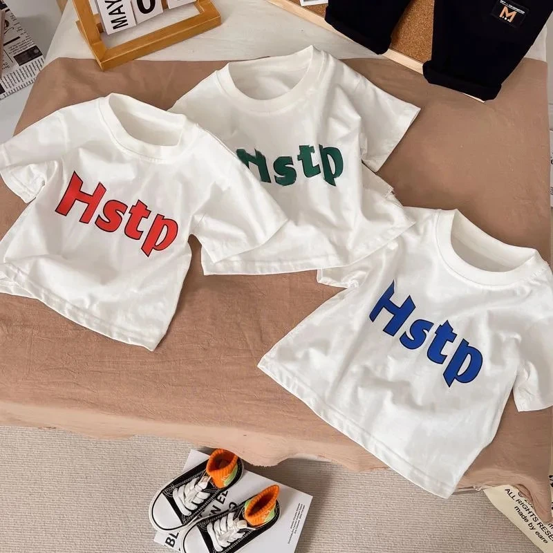 夏装儿童新款纯棉短袖上衣夏季宽松t恤洋气字母帅气男童女童上衣