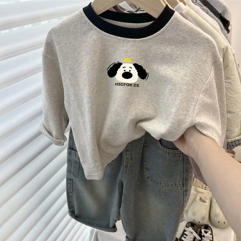 儿童纯棉拼色洋气印花男童打底衫春秋女童圆领女童长袖上衣宝宝t