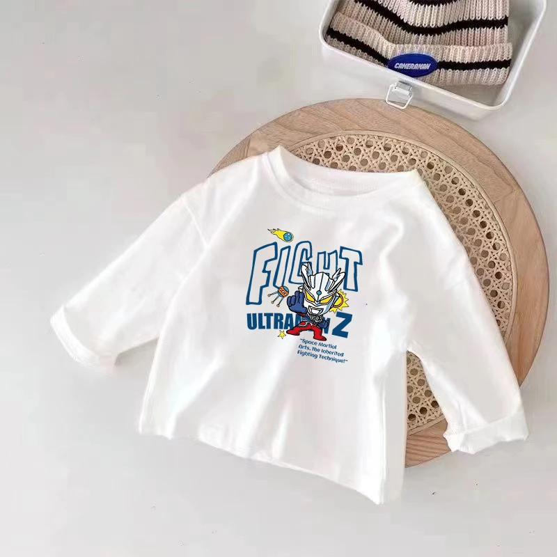 儿童长袖男童女童纯棉白色印花小童长袖t恤打底衫秋季圆领宝宝服