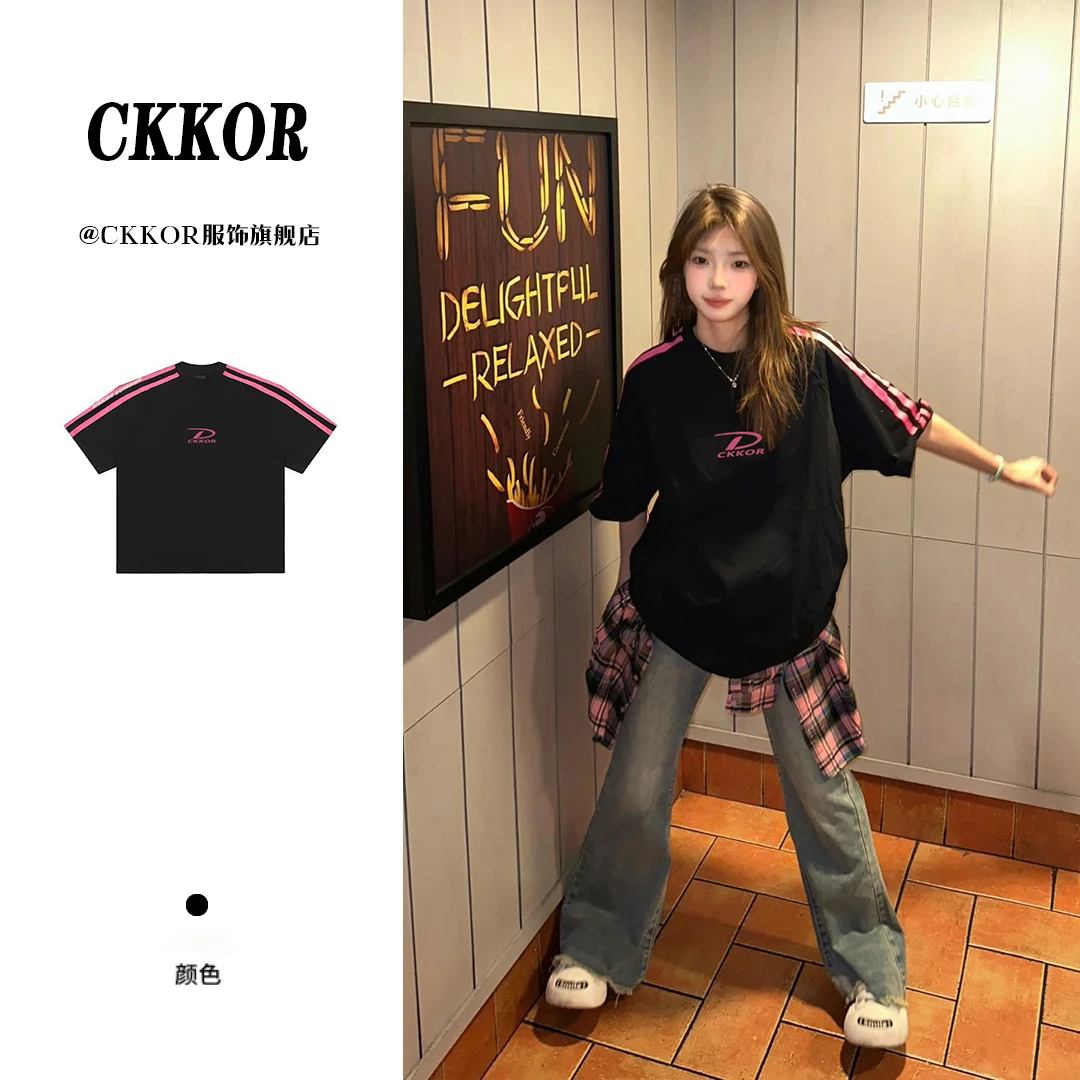 CKKOR夏季百搭宽松遮肚子慵懒风短袖t恤女美式高能感穿搭圆领上衣