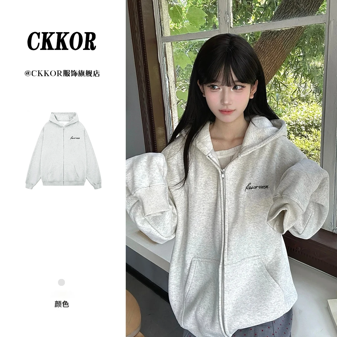 CKKOR春秋新款休闲宽松显瘦慵懒风开衫上衣外套ins潮牌连帽衫上衣