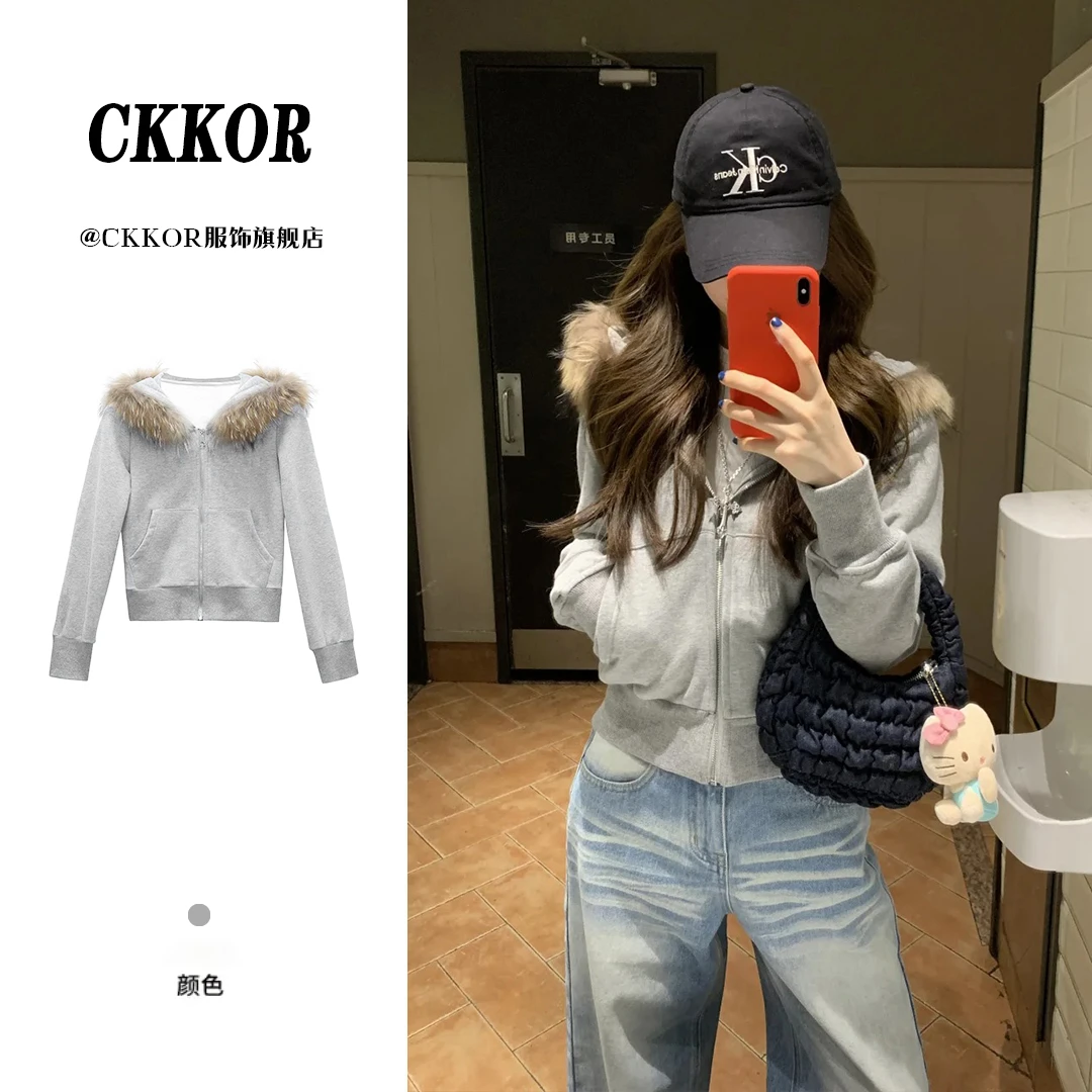 CKKOR春秋新款防寒保暖加绒加厚外套美式潮牌设计感小众短款上衣