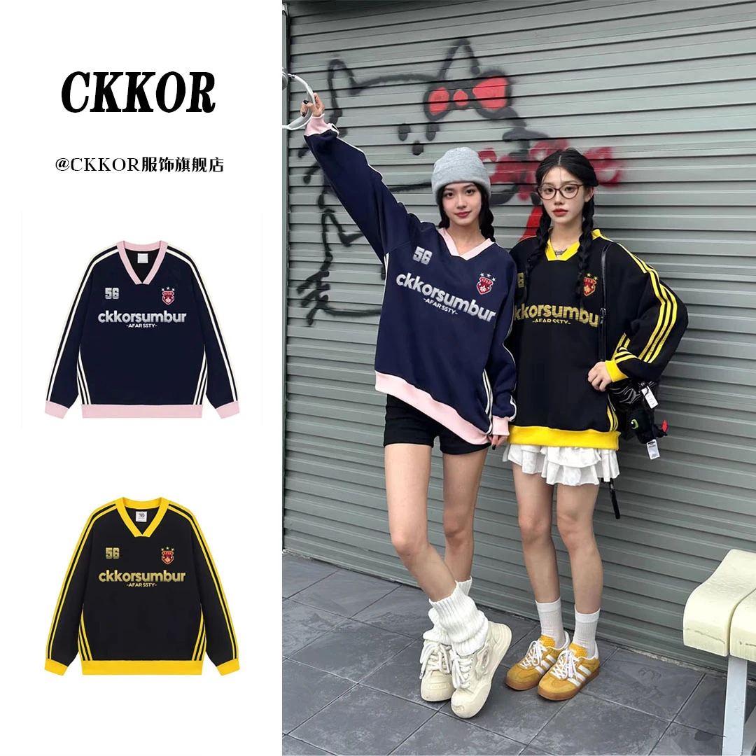 CKKOR春秋季宽松慵懒风撞色V领上衣高能感穿搭字母印花运动卫衣女