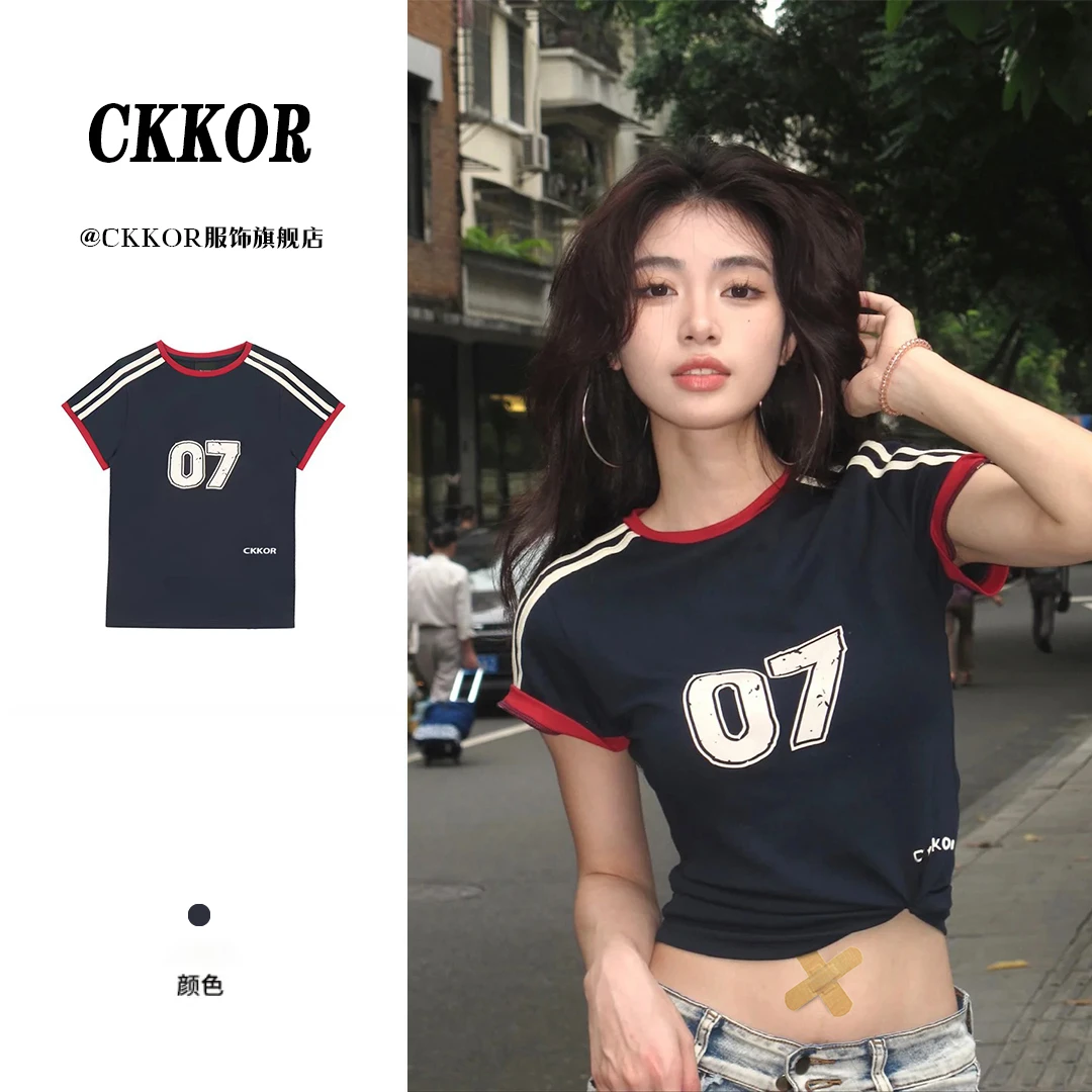 CKKOR美式时尚运动风潮流数字三杠短袖t恤女修身显瘦款收口杠-201