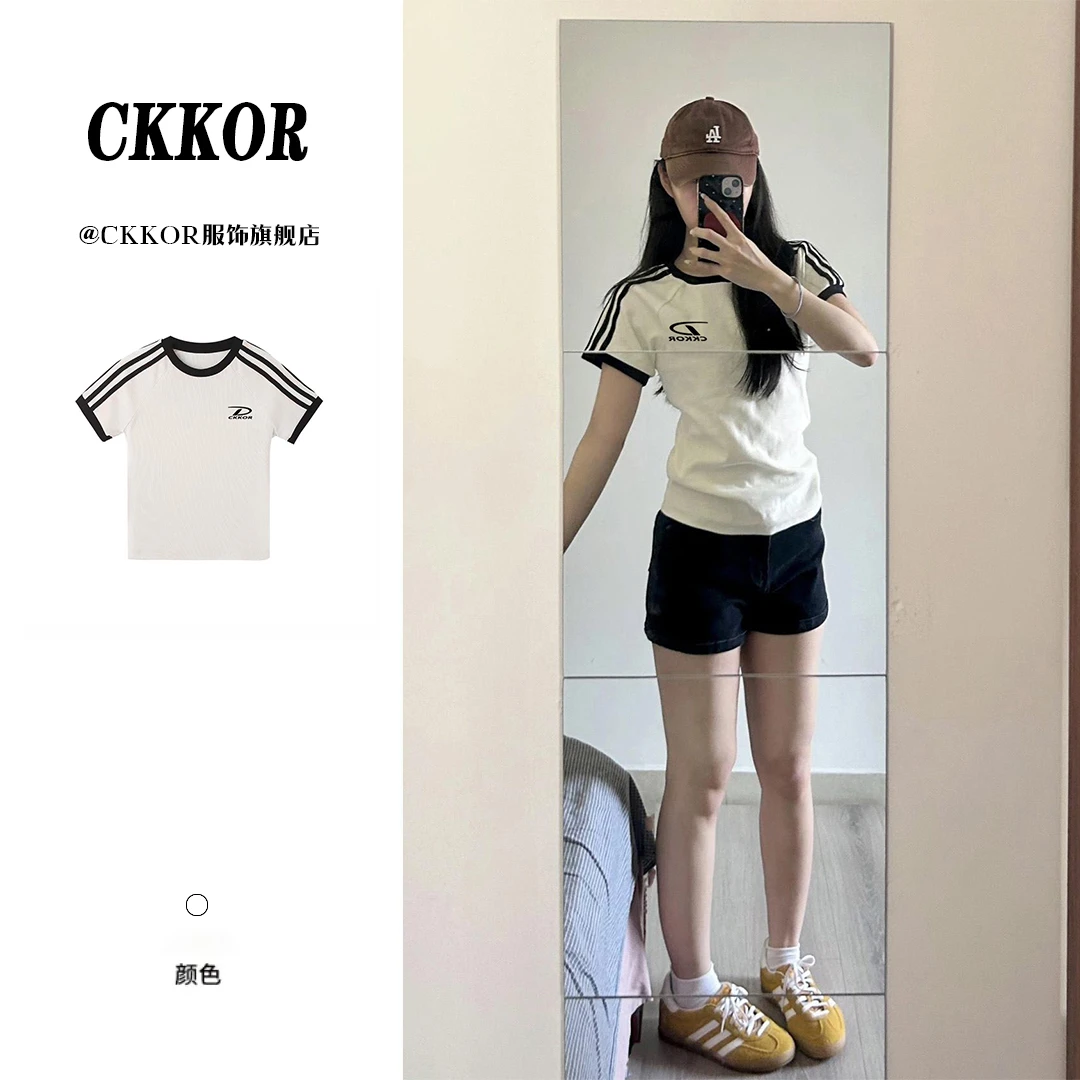 CKKOR美式复古三杠条纹短袖t恤女修身显瘦时尚设计感夏季短款上衣