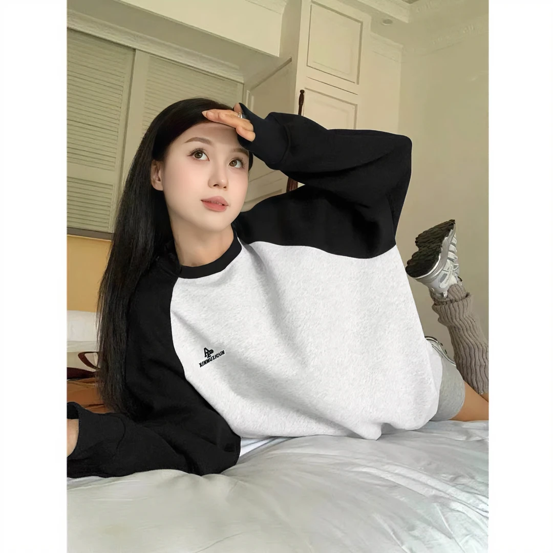 CKKOR秋季黑拼白灰插肩袖薄款卫衣女韩版休闲风宽松显瘦上衣129NX