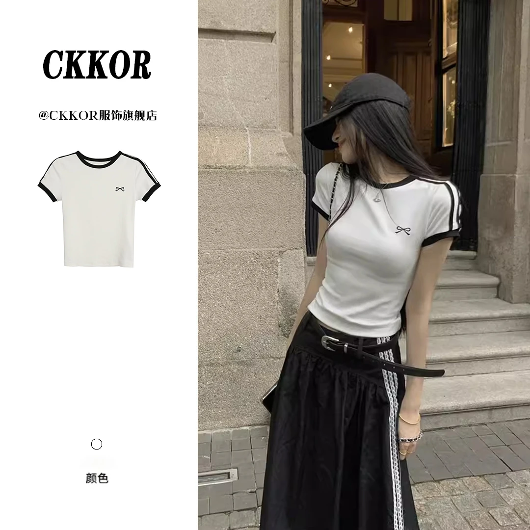 CKKOR美式三条杠黑色小蝴蝶结印花短袖白色修身显瘦圆领短款女t恤