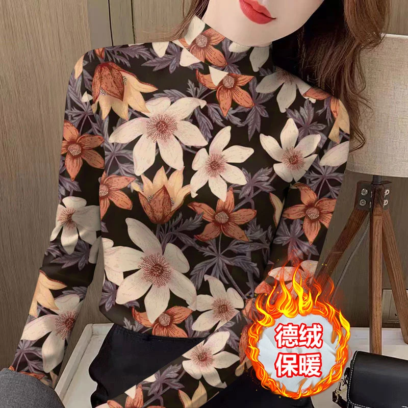 秋冬半高领双面德绒打底衫保暖显瘦外穿长袖上衣复古印花妈妈t恤