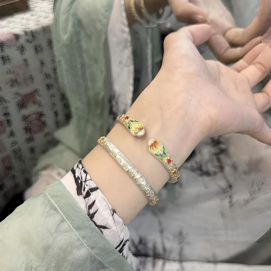 足银手镯 足银999.9新中式珐琅彩描金手镯招财开口莲花蝴蝶送女友