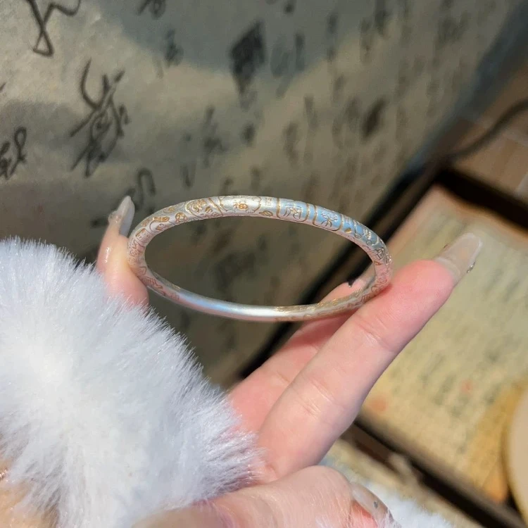 足银手镯 999.9【吉安招米猫】圆棍描金闭口时尚雕刻送女友百搭