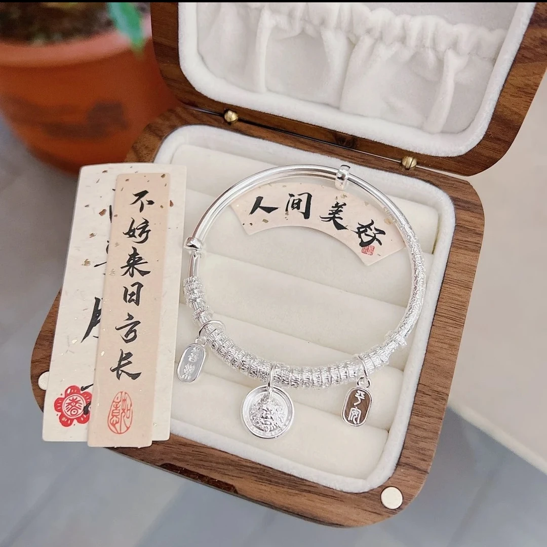 足银手镯 足银999.9【万贯盘缠】黄财神手工民族风时尚实心复古