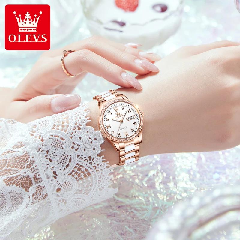 OLEVS/欧利时女士全自动机械表防水夜光双日历小众镶钻轻奢腕表