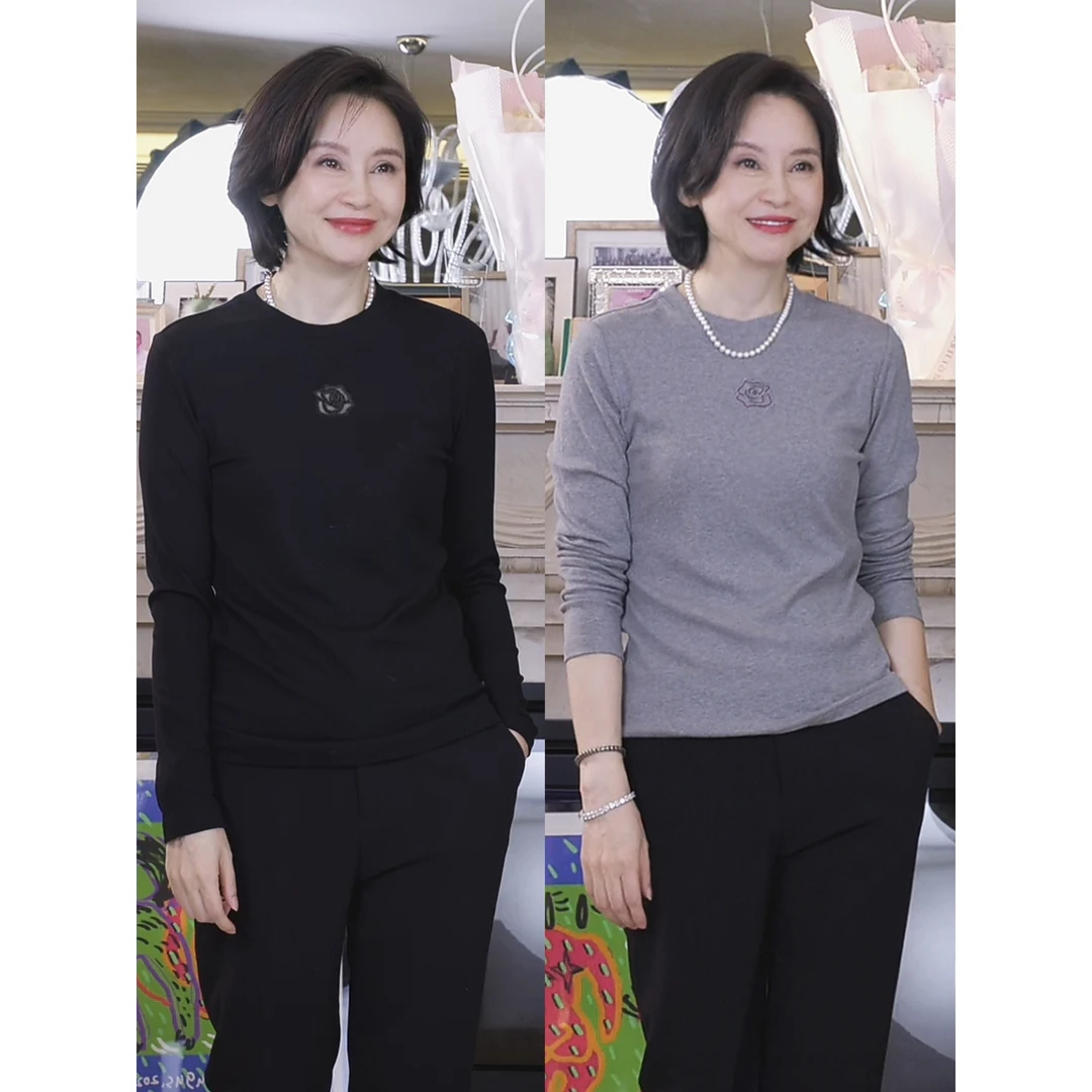 我是摩羯 黑玫瑰T恤 永迈精美链条镂空绣花圆领长袖舒适百搭上衣