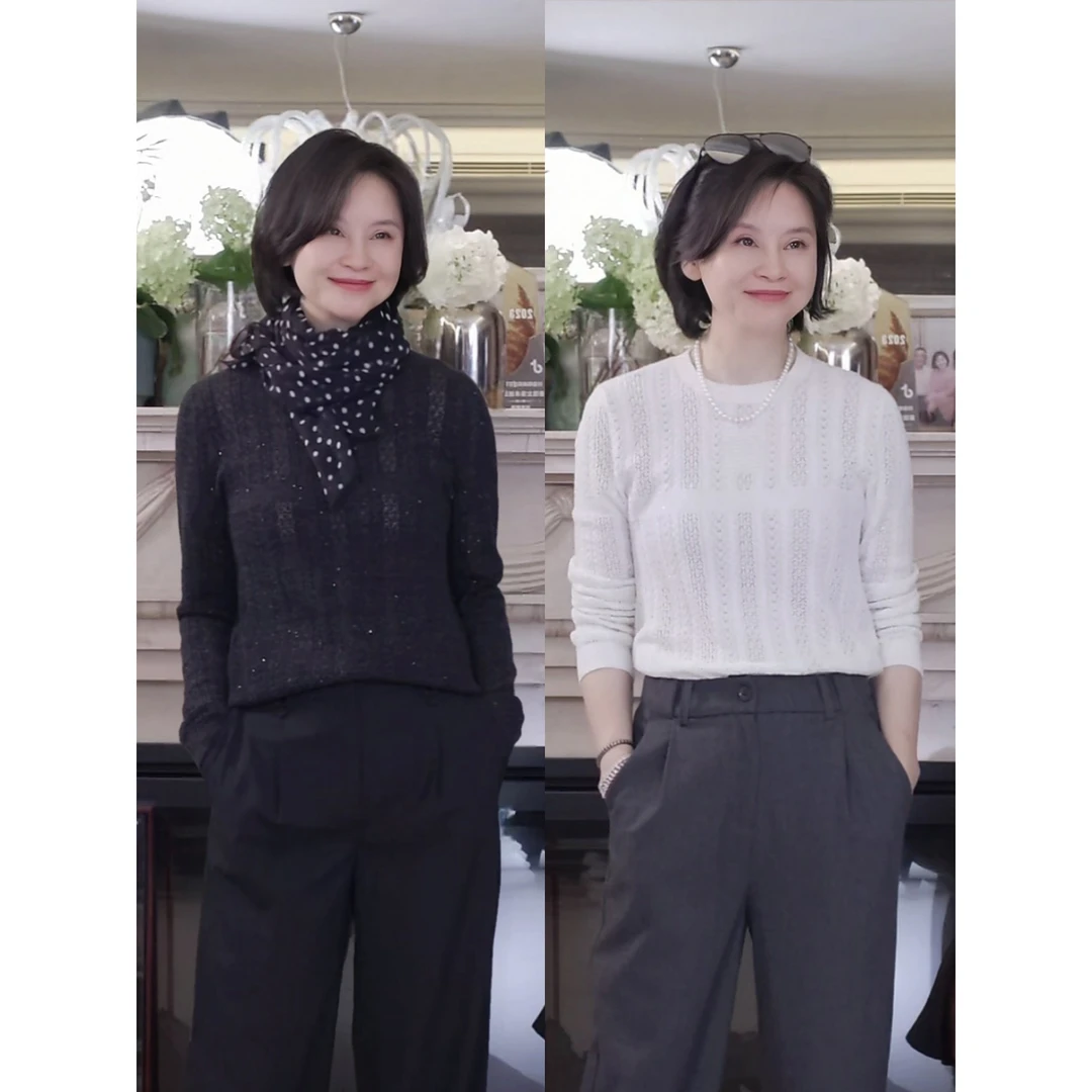 我是摩羯 波斯湾 澳大利亚绵羊毛银丝珠片纱绞花挑孔圆领针织衫