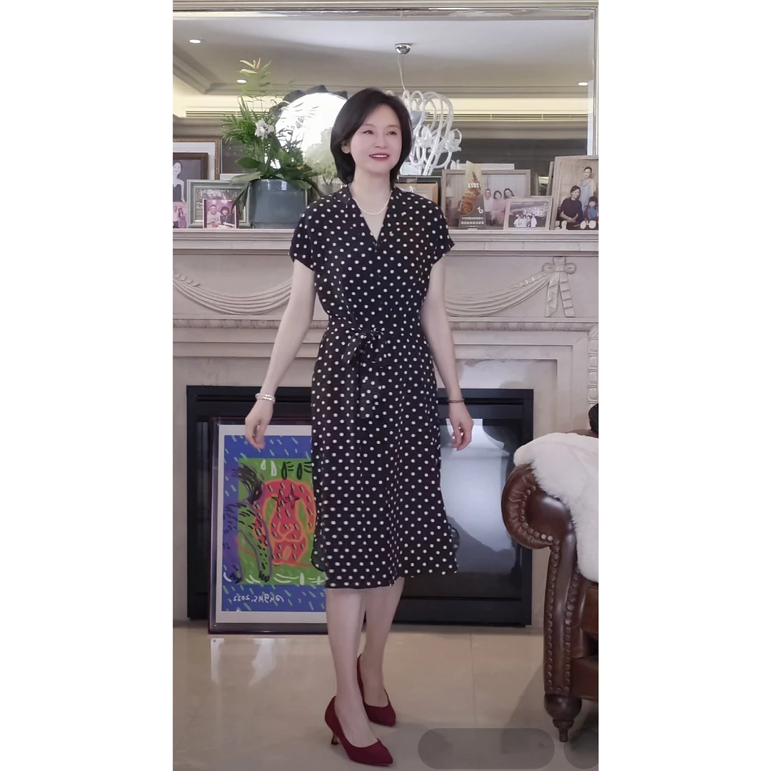 我是摩羯 黛安娜的浪漫 6A级19MM真丝双绉系带法式波点连衣裙