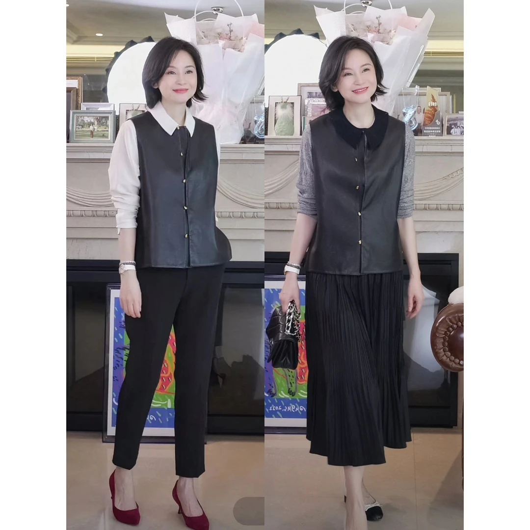 我是摩羯 黑金皮马甲 植鞣羊皮80S澳毛H型新中式风百搭皮外套上衣