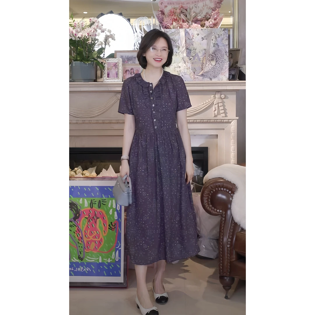 我是摩羯 利伯缇连衣裙  高强粘双绸印花圆领木耳边抽褶连衣裙
