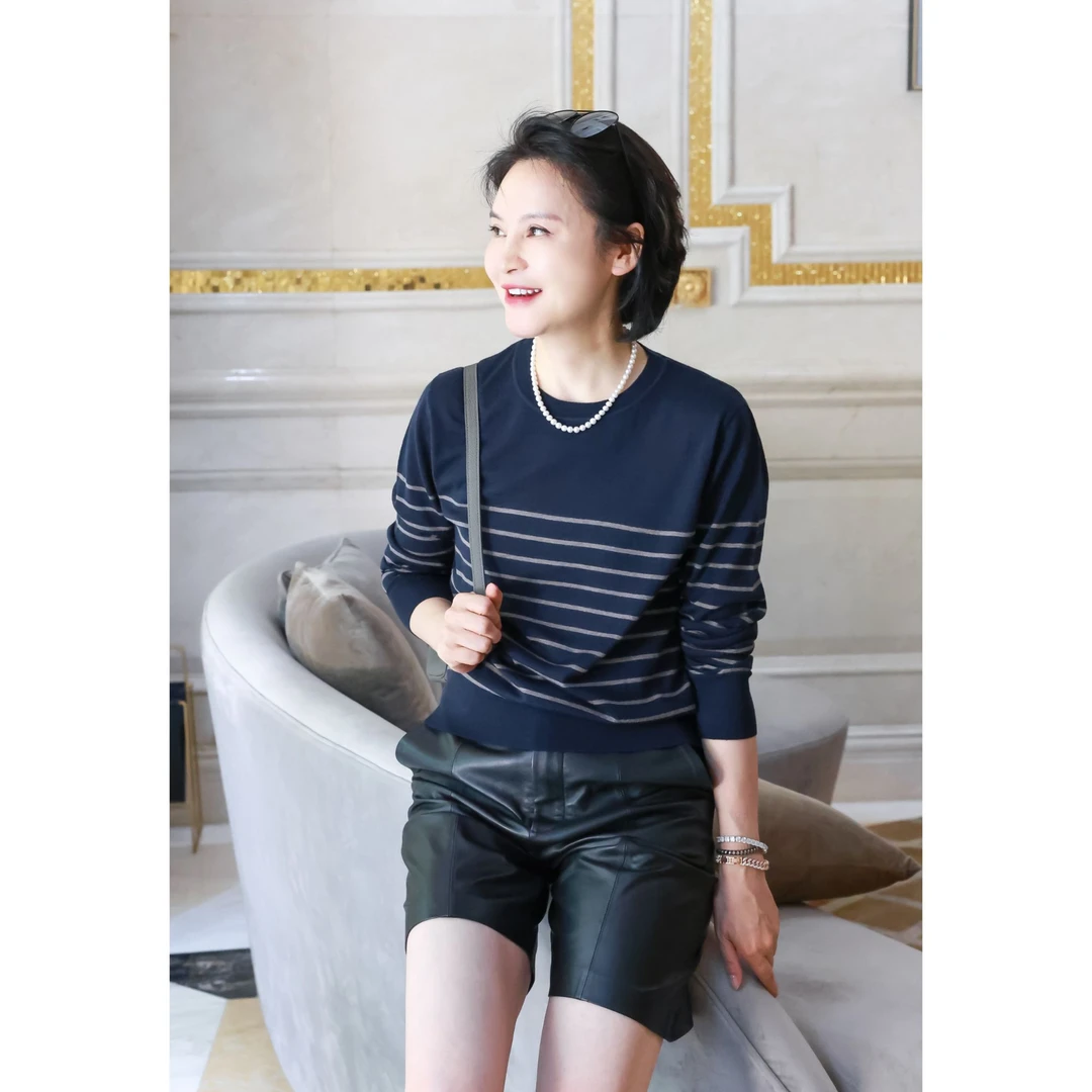 我是摩羯巴黎玛黑区 100精纺绵羊毛杨子60支纱18G法式条纹针织衫