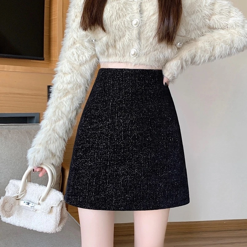 璀璨星河亮丝包臀裙2024秋冬季新款高腰显瘦a字百搭气质时尚黑色